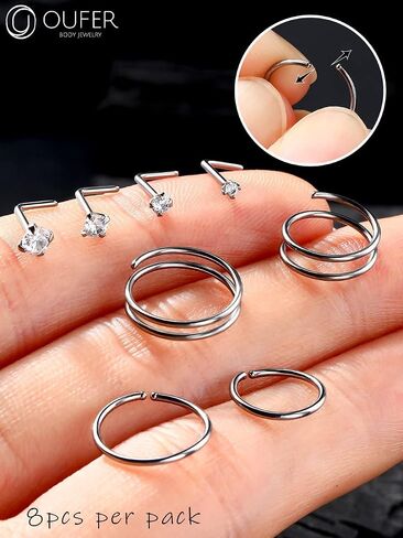 حلقات أنف من OUFER، حلقة أنف مزدوجة 20 جرام، مجوهرات ثقب الأنف من التيتانيوم الصلب G23، مسامير أنف للنساء والرجال in Saudi Arabia