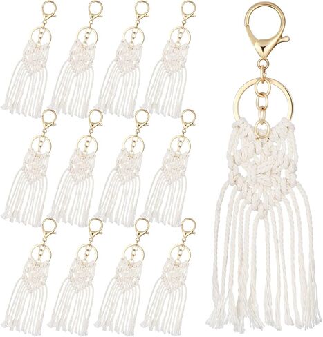 12 قطعة من سلاسل المفاتيح الصغيرة من Macrame Boho Macrame Bag Charms الجمالية سلسلة مفاتيح لطيفة مصنوعة يدويًا سلاسل مفاتيح بوهيمية للنساء هدية وصيفة العروس ومستلزمات الهاتف ومحفظة مفاتيح السيارة، بيج in Kuwait