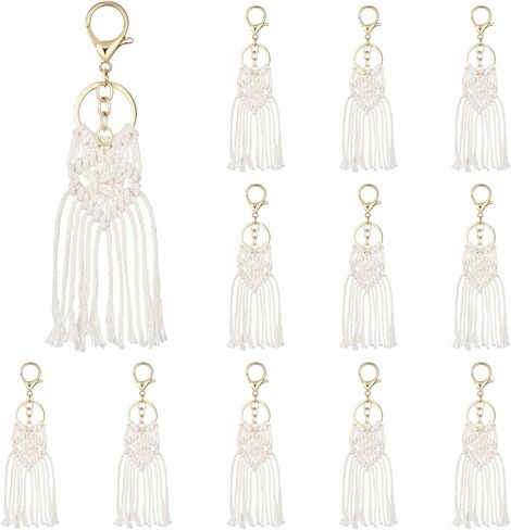 12 قطعة من سلاسل المفاتيح الصغيرة من Macrame Boho Macrame Bag Charms الجمالية سلسلة مفاتيح لطيفة مصنوعة يدويًا سلاسل مفاتيح بوهيمية للنساء هدية وصيفة العروس ومستلزمات الهاتف ومحفظة مفاتيح السيارة، بيج in Kuwait