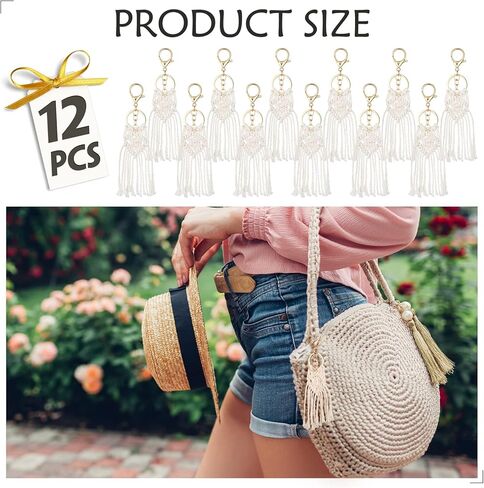 12 قطعة من سلاسل المفاتيح الصغيرة من Macrame Boho Macrame Bag Charms الجمالية سلسلة مفاتيح لطيفة مصنوعة يدويًا سلاسل مفاتيح بوهيمية للنساء هدية وصيفة العروس ومستلزمات الهاتف ومحفظة مفاتيح السيارة، بيج in Kuwait