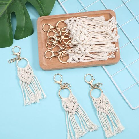 12 قطعة من سلاسل المفاتيح الصغيرة من Macrame Boho Macrame Bag Charms الجمالية سلسلة مفاتيح لطيفة مصنوعة يدويًا سلاسل مفاتيح بوهيمية للنساء هدية وصيفة العروس ومستلزمات الهاتف ومحفظة مفاتيح السيارة، بيج in Kuwait