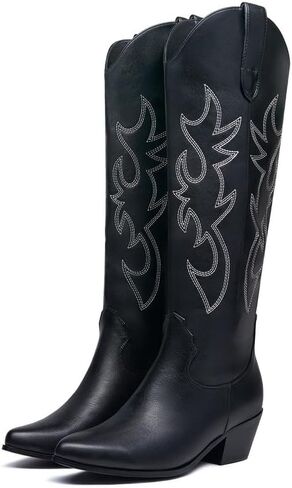 أحذية GOSERCE النسائية لرعاة البقر الغربي مع كعب مكتنز مطرز وكعب عريض 2.5 بوصة، أحذية راعية البقر الكلاسيكية متوسطة الساق، على شكل لوز، مقدمة مدببة، أحذية عالية للركبة، تصميم عصري in Kuwait