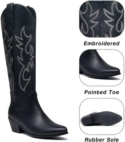 أحذية GOSERCE النسائية لرعاة البقر الغربي مع كعب مكتنز مطرز وكعب عريض 2.5 بوصة، أحذية راعية البقر الكلاسيكية متوسطة الساق، على شكل لوز، مقدمة مدببة، أحذية عالية للركبة، تصميم عصري in Kuwait