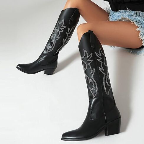 أحذية GOSERCE النسائية لرعاة البقر الغربي مع كعب مكتنز مطرز وكعب عريض 2.5 بوصة، أحذية راعية البقر الكلاسيكية متوسطة الساق، على شكل لوز، مقدمة مدببة، أحذية عالية للركبة، تصميم عصري in Kuwait