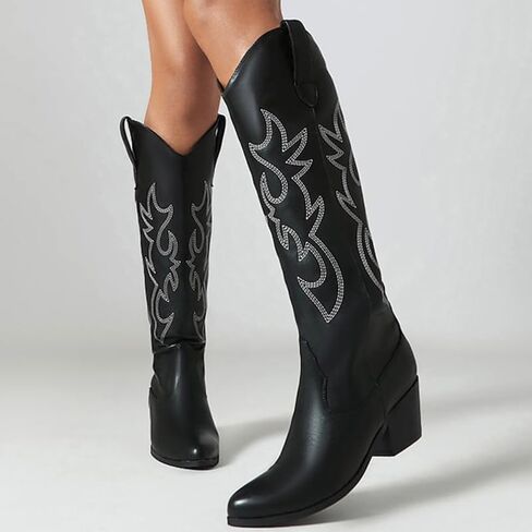 أحذية GOSERCE النسائية لرعاة البقر الغربي مع كعب مكتنز مطرز وكعب عريض 2.5 بوصة، أحذية راعية البقر الكلاسيكية متوسطة الساق، على شكل لوز، مقدمة مدببة، أحذية عالية للركبة، تصميم عصري in Kuwait