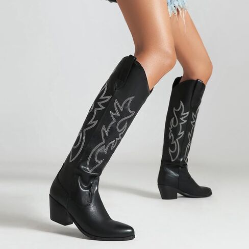 أحذية GOSERCE النسائية لرعاة البقر الغربي مع كعب مكتنز مطرز وكعب عريض 2.5 بوصة، أحذية راعية البقر الكلاسيكية متوسطة الساق، على شكل لوز، مقدمة مدببة، أحذية عالية للركبة، تصميم عصري in Kuwait