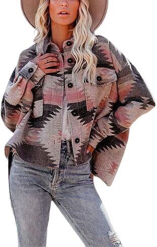 سترة YOPLANET النسائية Aztec سترة غربية بأكمام طويلة وأزرار سفلية مع جيوب فضفاضة in Kuwait