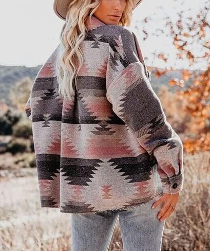 سترة YOPLANET النسائية Aztec سترة غربية بأكمام طويلة وأزرار سفلية مع جيوب فضفاضة in Kuwait