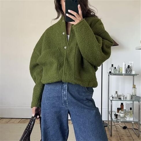 سترة نسائية من KEOMUD كبيرة الحجم من مزيج الصوف بأكمام طويلة وأزرار سفلية، معطف خفيف الوزن مع جيوب in Kuwait