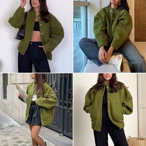 سترة نسائية من KEOMUD كبيرة الحجم من مزيج الصوف بأكمام طويلة وأزرار سفلية، معطف خفيف الوزن مع جيوب in Kuwait