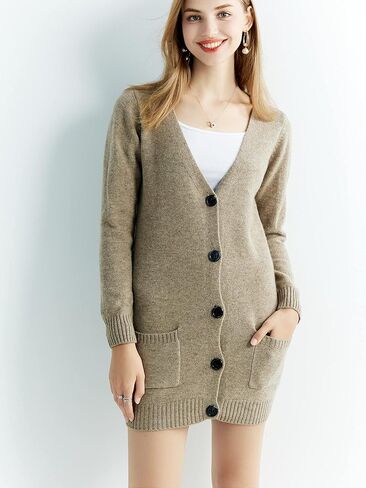 LINY XIN المرأة الخامس الرقبة سترة سترة 100% ميرينو الصوف خريف شتاء دافئ لينة بلوفر مغزول سترة طويلة الأكمام in Kuwait