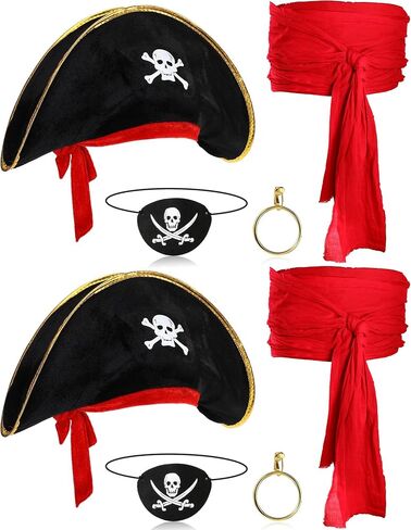 Panitay 10 Pcs Halloween Pirate Costume Accessories Set 2 Pirate Skull Hat 2 Eye Patch 2 Skull Necklace 2 Hoop Earring 2 Large Sash for Adult Women Men Captain Cosplay in Saudi Arabia