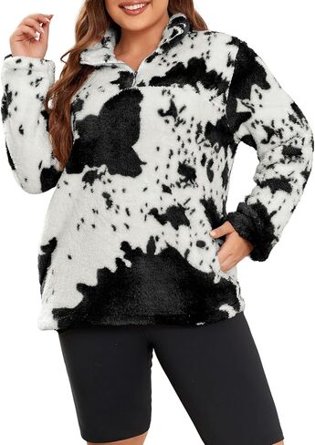 LALAGEN إمرأة حجم كبير شيربا الصوف البلوز عادية بقرة طباعة سستة البلوز غامض الشتاء أبلى مع جيب L-5X in Kuwait