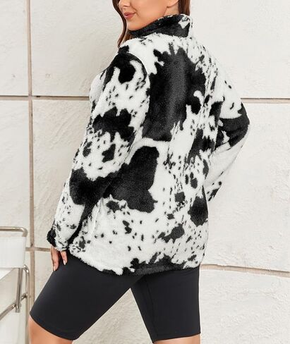 LALAGEN إمرأة حجم كبير شيربا الصوف البلوز عادية بقرة طباعة سستة البلوز غامض الشتاء أبلى مع جيب L-5X in Kuwait