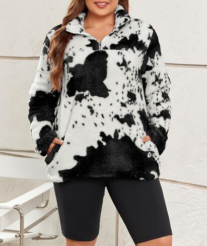 LALAGEN إمرأة حجم كبير شيربا الصوف البلوز عادية بقرة طباعة سستة البلوز غامض الشتاء أبلى مع جيب L-5X in Kuwait