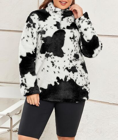 LALAGEN إمرأة حجم كبير شيربا الصوف البلوز عادية بقرة طباعة سستة البلوز غامض الشتاء أبلى مع جيب L-5X in Kuwait