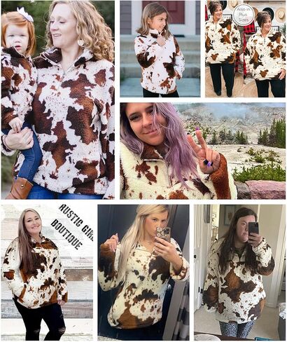 LALAGEN إمرأة حجم كبير شيربا الصوف البلوز عادية بقرة طباعة سستة البلوز غامض الشتاء أبلى مع جيب L-5X in Kuwait