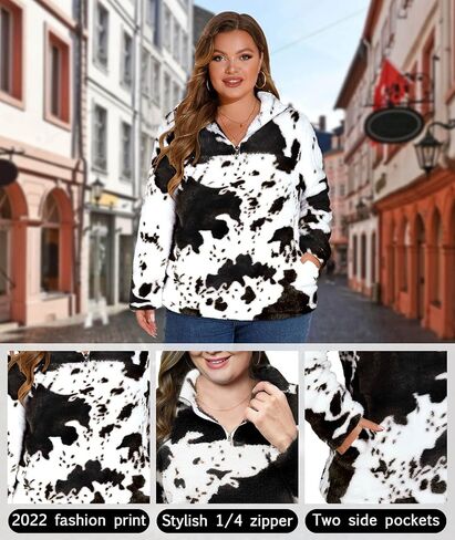 LALAGEN إمرأة حجم كبير شيربا الصوف البلوز عادية بقرة طباعة سستة البلوز غامض الشتاء أبلى مع جيب L-5X in Kuwait