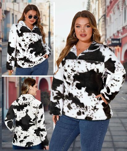 LALAGEN إمرأة حجم كبير شيربا الصوف البلوز عادية بقرة طباعة سستة البلوز غامض الشتاء أبلى مع جيب L-5X in Kuwait