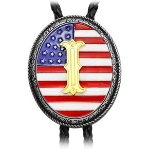 RechicGu Initial Letter Bolo Tie Handmade American Flag Genuine Leather Necktie Western Cowboy Accsssories for Men Women in Kuwait