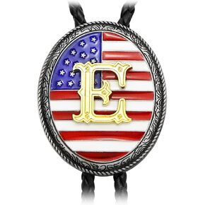 RechicGu Initial Letter Bolo Tie Handmade American Flag Genuine Leather Necktie Western Cowboy Accsssories for Men Women