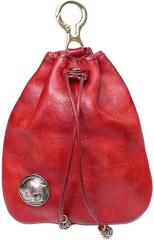 JSBWSFA 1Pcs Medieval Genuine Leather Drawstring Change Purse Key Ring Purse Coin Organizer Drawstring Gift Bag Jewelry Storage Bag Mini Multifunction Walle for Men & Women (Red) in Saudi Arabia