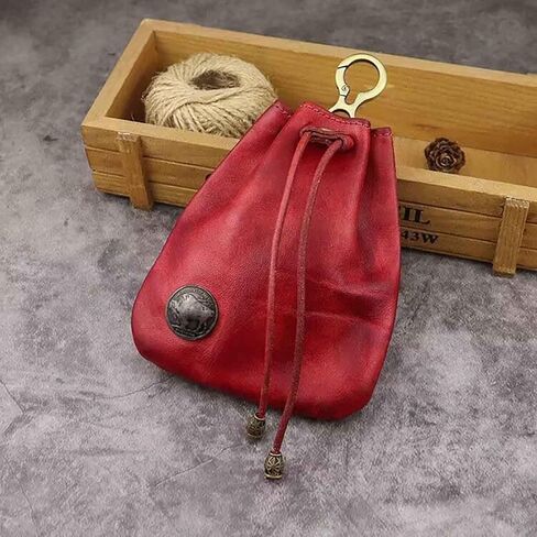 JSBWSFA 1Pcs Medieval Genuine Leather Drawstring Change Purse Key Ring Purse Coin Organizer Drawstring Gift Bag Jewelry Storage Bag Mini Multifunction Walle for Men & Women (Red) in Saudi Arabia