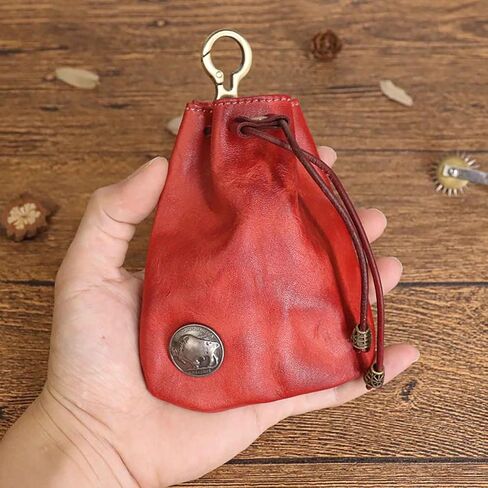 JSBWSFA 1Pcs Medieval Genuine Leather Drawstring Change Purse Key Ring Purse Coin Organizer Drawstring Gift Bag Jewelry Storage Bag Mini Multifunction Walle for Men & Women (Red) in Saudi Arabia