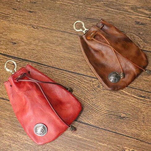 JSBWSFA 1Pcs Medieval Genuine Leather Drawstring Change Purse Key Ring Purse Coin Organizer Drawstring Gift Bag Jewelry Storage Bag Mini Multifunction Walle for Men & Women (Red) in Saudi Arabia
