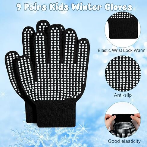 ONESING 9 Pairs Kids Knit Gloves - Grippy Stretchy Winter Gloves for Boys Girls - Bulk Mitten Children Gloves for Winter in Kuwait
