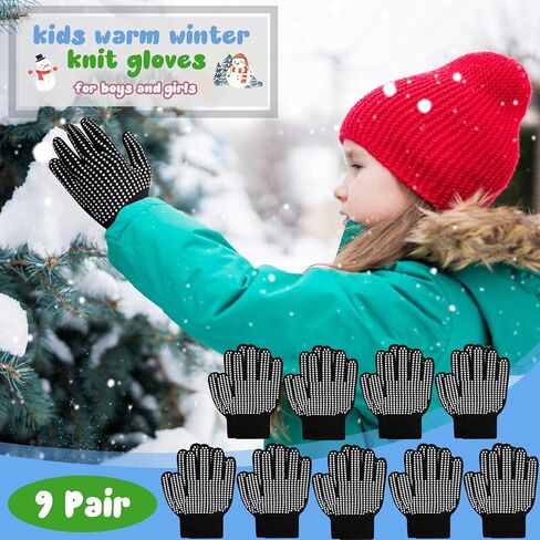 ONESING 9 Pairs Kids Knit Gloves - Grippy Stretchy Winter Gloves for Boys Girls - Bulk Mitten Children Gloves for Winter in Kuwait