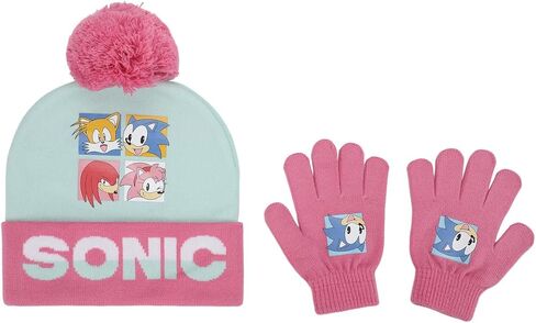 Sonic the Hedgehog Pink and White Youth Cuffed Beanie and Gloves Set in Saudi Arabia