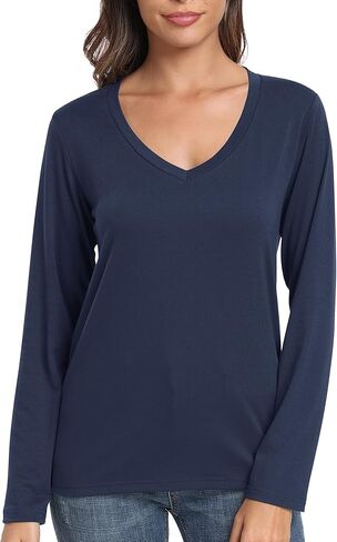 PRIMODA Women's V Neck Long Sleeve Shirts Classic Loose Fit T Shirt Top in Kuwait