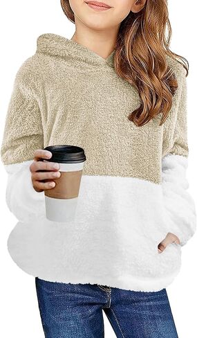 سترة Arshiner للفتيات بغطاء للرأس من الصوف الغامض بلوفر شيربا مع جيوب كانجارو 4-15 سنة in Kuwait