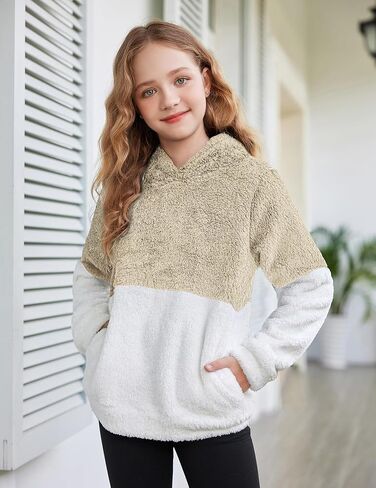 سترة Arshiner للفتيات بغطاء للرأس من الصوف الغامض بلوفر شيربا مع جيوب كانجارو 4-15 سنة in Kuwait