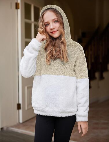 سترة Arshiner للفتيات بغطاء للرأس من الصوف الغامض بلوفر شيربا مع جيوب كانجارو 4-15 سنة in Kuwait