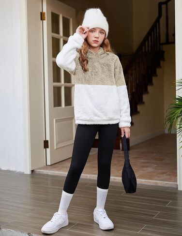 سترة Arshiner للفتيات بغطاء للرأس من الصوف الغامض بلوفر شيربا مع جيوب كانجارو 4-15 سنة in Kuwait