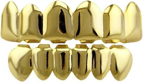 24K Gold Plated Hip Hop Teeth Grillz Punk Custom Fit Polished Teeth Grillz Caps Top & Bottom Grill Set with 2 Silicon Molding Bars Removable Grills For Women Men Gift Halloween Party in Saudi Arabia