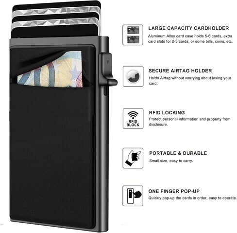 ONEJIE One-click Pop-up Large Capacity Aluminum Alloy Card Holder, RFID Blocking Credit Card Wallet with Money Pocket, Ultra-thin Men's Card Box with Airtag Holder, Classic Black in Kuwait