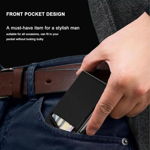 ONEJIE One-click Pop-up Large Capacity Aluminum Alloy Card Holder, RFID Blocking Credit Card Wallet with Money Pocket, Ultra-thin Men's Card Box with Airtag Holder, Classic Black in Kuwait