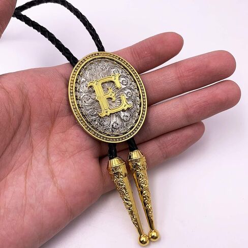 ربطة عنق XGALBLA Golden Western Bolo بالحرف الأول من A إلى Z في رعاة البقر على شكل زهرة بيضاوية مع ربطة عنق من جلد البقر للنساء in Kuwait