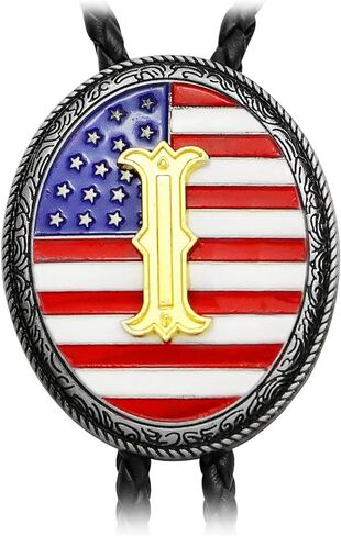 RechicGu Initial Letter Bolo Tie Handmade American Flag Genuine Leather Necktie Western Cowboy Accsssories for Men Women in Kuwait