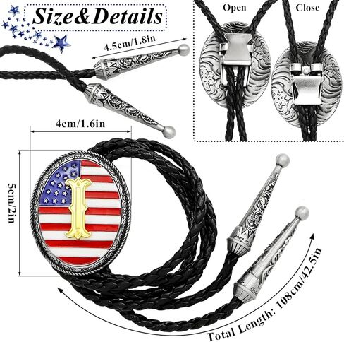 RechicGu Initial Letter Bolo Tie Handmade American Flag Genuine Leather Necktie Western Cowboy Accsssories for Men Women in Kuwait