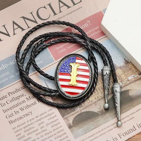 RechicGu Initial Letter Bolo Tie Handmade American Flag Genuine Leather Necktie Western Cowboy Accsssories for Men Women in Kuwait