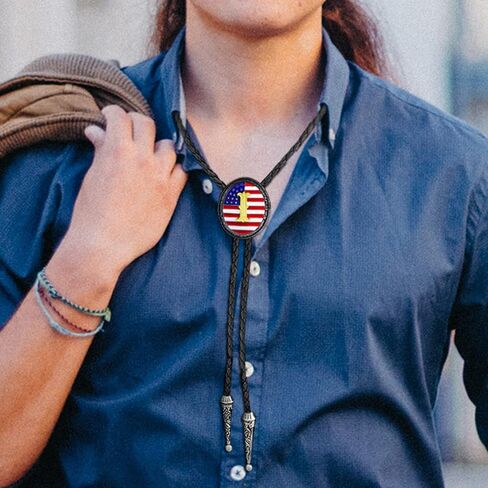 RechicGu Initial Letter Bolo Tie Handmade American Flag Genuine Leather Necktie Western Cowboy Accsssories for Men Women in Kuwait