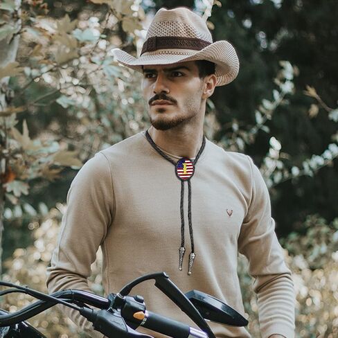 RechicGu Initial Letter Bolo Tie Handmade American Flag Genuine Leather Necktie Western Cowboy Accsssories for Men Women in Kuwait