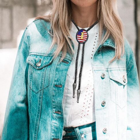 RechicGu Initial Letter Bolo Tie Handmade American Flag Genuine Leather Necktie Western Cowboy Accsssories for Men Women in Kuwait