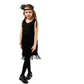 Girls 1920s Flapper Dress Sequin Tassel Fringe Latin Dance Dress Kids Gatsby Ballroom Party+Feather Headband