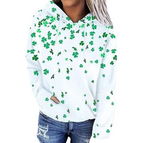 YMING Women's St. Patrick's Day Clover Printed Hoodies Irish Shamrock Sweatshirt Long Sleeve Slouchy Pullover Tops