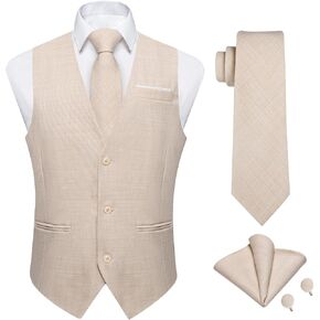 DiBanGu 4PCS Mens Suit Vest Linen Solid Color Vest for Men Wedding Casual Waistcoat Necktie Pocket Square Cufflinks S-3XL